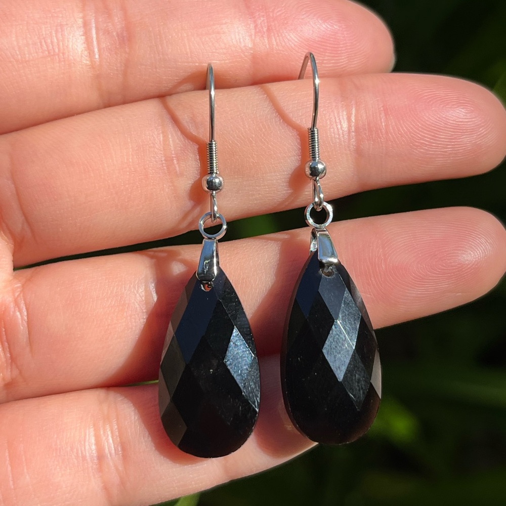 Stainless‎ steel facated black obsidian earrings
